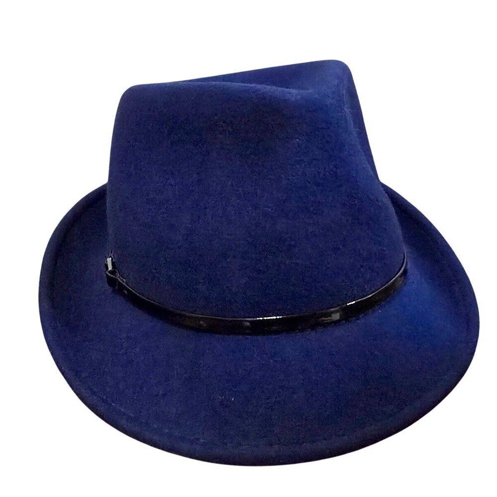 Scala Collezione Blue Wool Felt Fedora Trilby Hat Black Patent Leather Band 22"